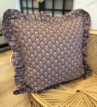 Load image into Gallery viewer, 20” x 20” Ruffle Mocha Brown Block Print Floral Decorative Throw Pillow Cover