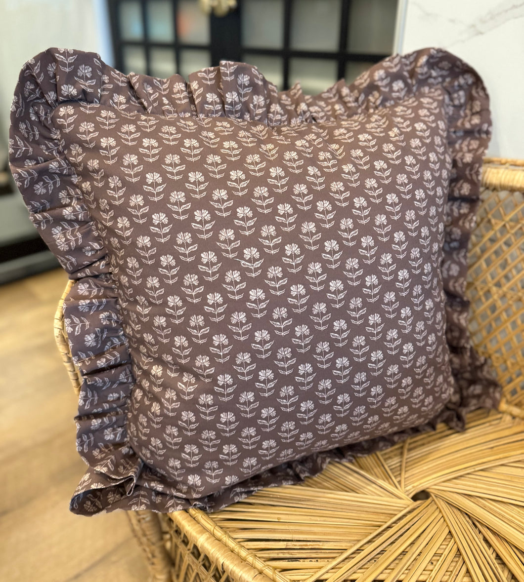 20” x 20” Ruffle Mocha Brown Block Print Floral Decorative Throw Pillow Cover