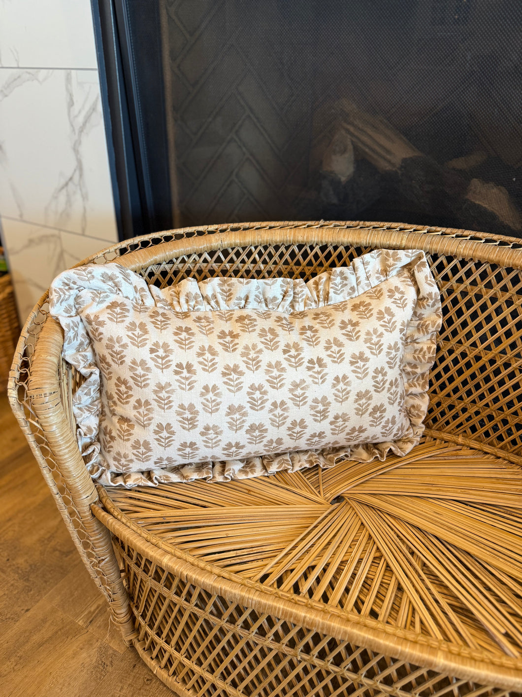 12” x 20” Ruffle Brown Boho Block Print Floral Decorative Throw Pillow Cover