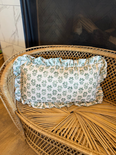 12” x 20” Ruffle Green Boho Block Print Floral Decorative Throw Pillow Cover