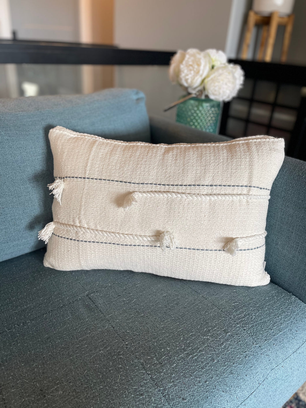 14 x 22 White Textured Throw Pillow Cover with Rope Detail